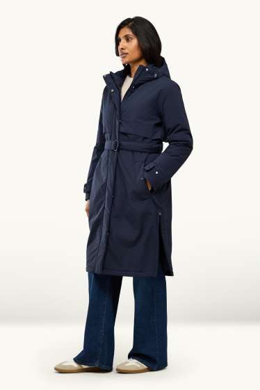 Dames - Sporttrenchcoat met capucon en ceintuur - gevoerd - donkerblauw