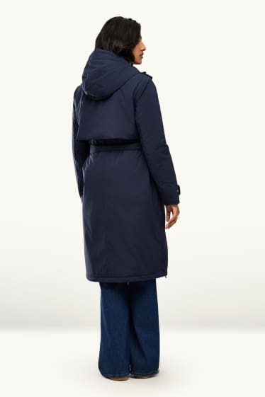 Dames - Sporttrenchcoat met capucon en ceintuur - gevoerd - donkerblauw