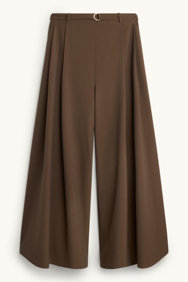 Femmes - Pantalon en toile avec ceinture - high waist - wide leg - marron foncé