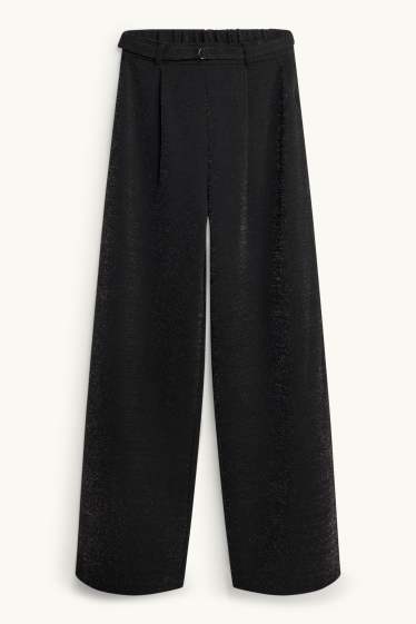 Women - Cloth trousers with belt - high waist - wide leg - shiny - black