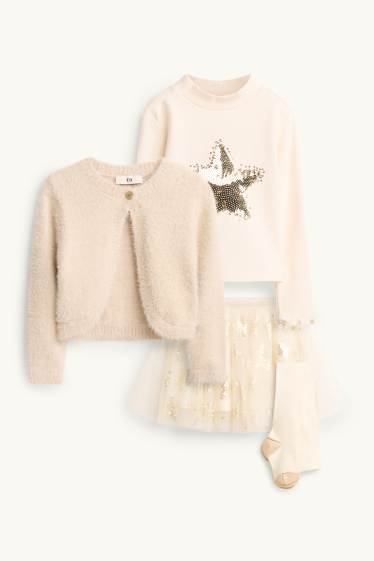 Enfants filles - Étoile - ensemble - gilet en maille, haut à manches longues, jupe, collants - blanc crème