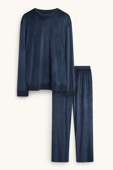 Hommes - Pyjama d’hiver - finition côtelée - bleu foncé