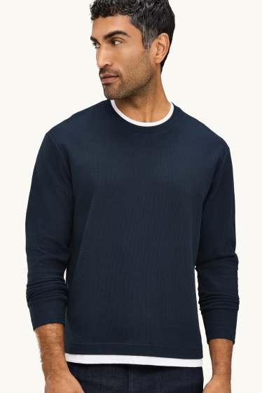 Men - Jumper - 2-in-1 look - textured - dark blue / white