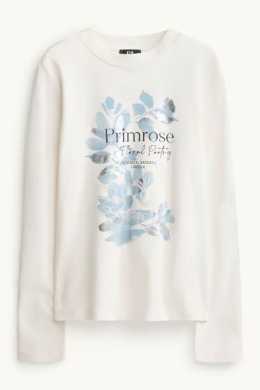 Donna - Maglia a maniche lunghe - regular fit - effetto brillante - a fiori - bianco