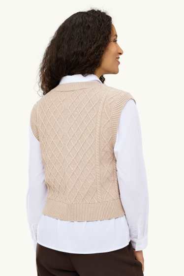 Damen - Pullunder - 2-in-1-Look - Zopfmuster - weiss / beige