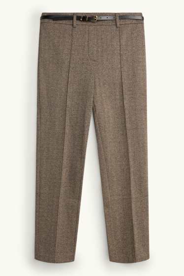 Women - Cloth trousers with belt - mid-rise waist - tapered fit - patterned - brown
