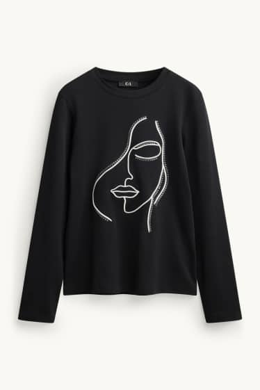 Damen - Langarmshirt mit Strasssteinen - Regular Fit - schwarz
