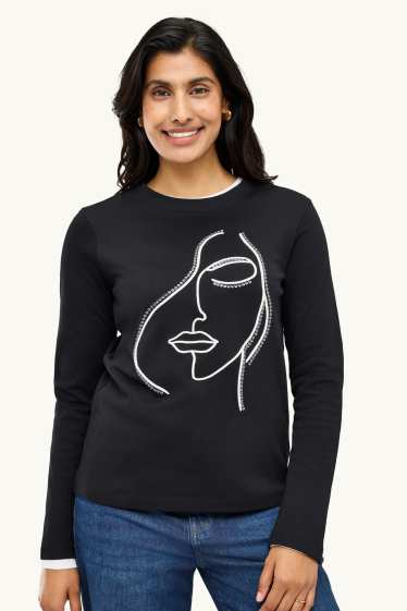 Damen - Langarmshirt mit Strasssteinen - Regular Fit - schwarz
