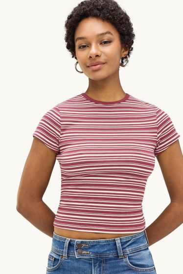 Dames - T-shirt - slim fit - gestreept - rood / wit