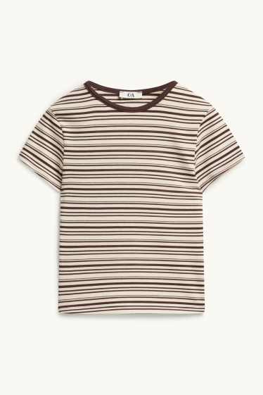 Dames - T-shirt - slim fit - gestreept - bruin / beige