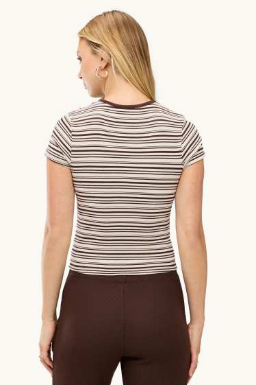 Dames - T-shirt - slim fit - gestreept - bruin / beige