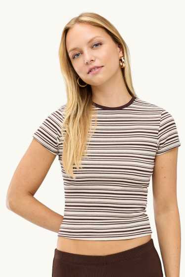 Dames - T-shirt - slim fit - gestreept - bruin / beige