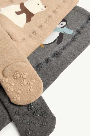 Unisex - Confezione da 2 - orso polare e pinguino - collant antiscivolo neonati - grigio / beige