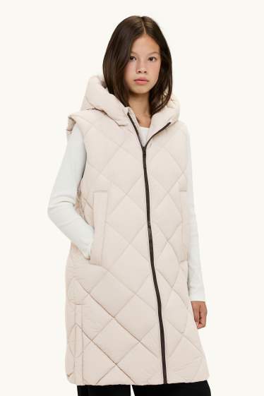 Kinderen: meisjes - Bodywarmer met capuchon - waterafstotend - crème wit