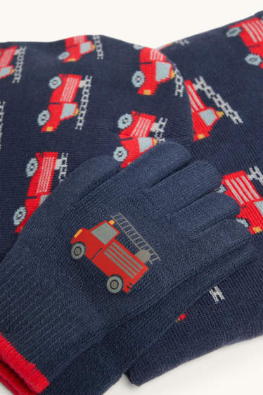 Kinder Jungen - Feuerwehr - Set - Mütze, Loop Schal und Handschuhe - rot / dunkelblau