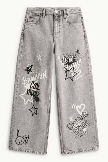 Children Girls - Graffiti - baggy jeans - denim-light gray