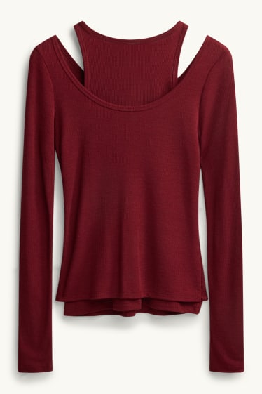 Femmes - Haut à manches longues - regular fit - finition côtelée - look 2-en-1 - rouge foncé