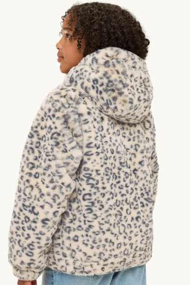 Kinder Mädchen - Kunstfell-Jacke mit Kapuze - gemustert - schwarz / beige