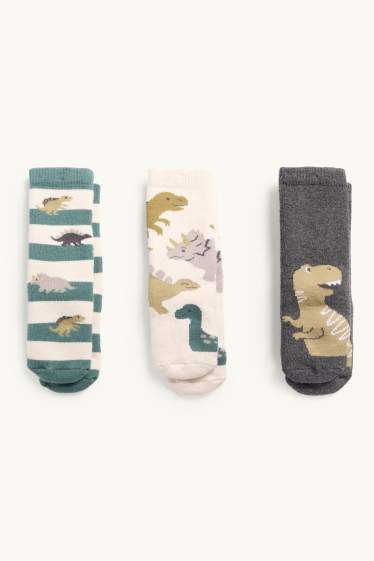 Baby Jungen - Multipack 3er - Dino - Baby-Noppensocken mit Motiv - dunkelgrün / cremeweiss