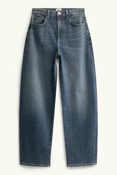 Dona - Barrel Jeans amb pedres d’estràs - high waist - texà blau