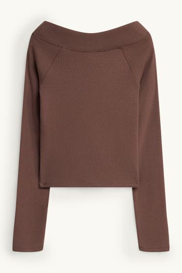 Women - Long sleeve top - slim fit - ribbed - brown