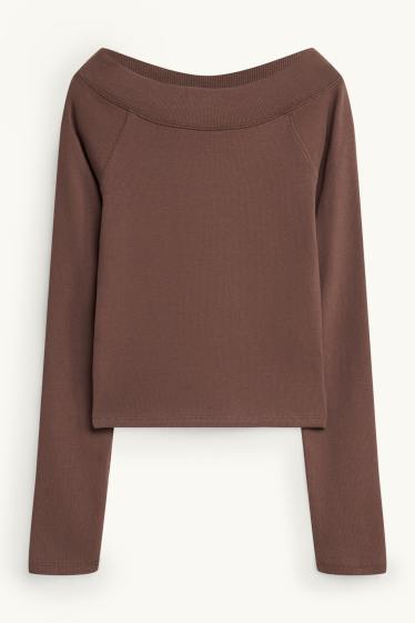 Women - Long sleeve top - slim fit - ribbed - brown