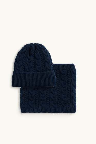 Enfants garçons - Ensemble - bonnet et tour de cou - 2 pièces - motif tressé - bleu foncé