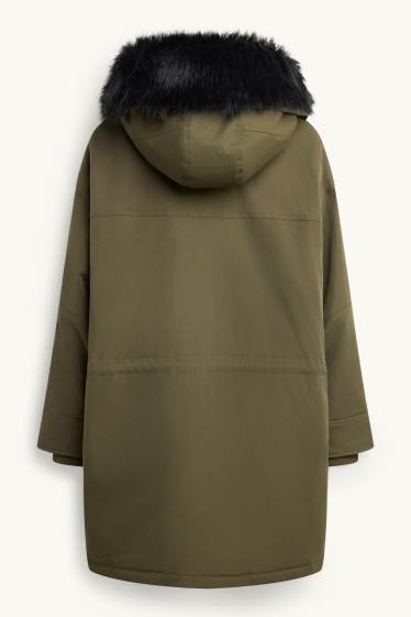 Femmes - Parka avec capuche et garniture en imitation fourrure - déperlante - vert foncé