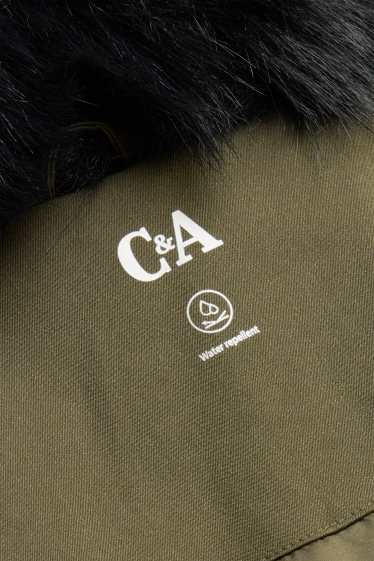 Femmes - Parka avec capuche et garniture en imitation fourrure - déperlante - vert foncé