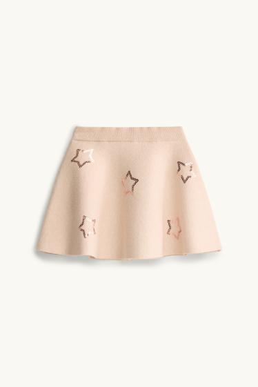 Enfants filles - Ensemble - pull chaud, jupe chaude et collants chauds - rose / beige