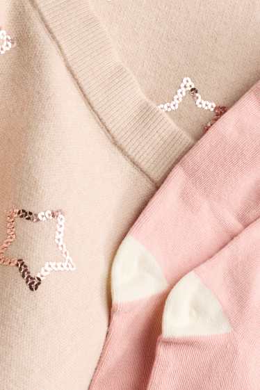 Enfants filles - Ensemble - pull chaud, jupe chaude et collants chauds - rose / beige