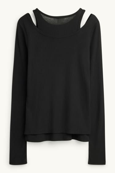 Dames - Longsleeve - regular fit - ribstof - 2-in-1-look - zwart