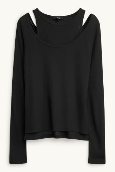 Dames - Longsleeve - regular fit - ribstof - 2-in-1-look - zwart