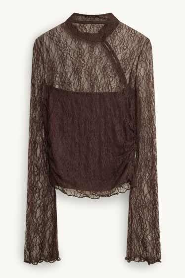 Damen - Spitzen-Langarmshirt - Slim Fit - dunkelbraun