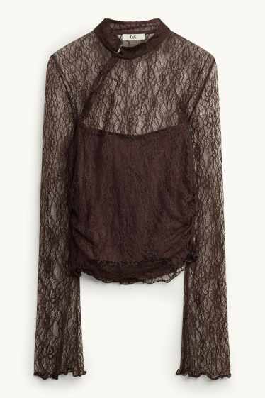 Damen - Spitzen-Langarmshirt - Slim Fit - dunkelbraun