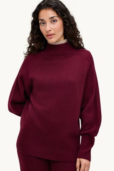 Femmes - Pull à col montant, contenant du cachemire - laine mélangée - bordeaux