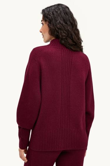 Femmes - Pull à col montant, contenant du cachemire - laine mélangée - bordeaux