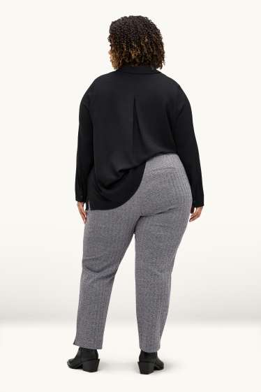 Dámské - Žerzejové kalhoty - mid waist - tapered fit - se vzorem - šedá-žíhaná