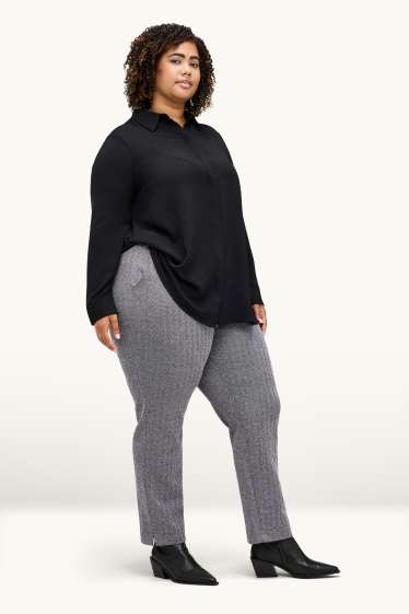 Dámské - Žerzejové kalhoty - mid waist - tapered fit - se vzorem - šedá-žíhaná