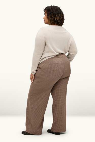 Damen - Stoffhose - High Waist - Wide Leg - kariert - beige / braun