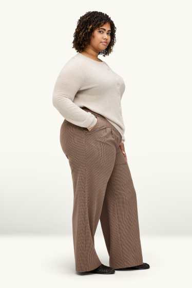 Damen - Stoffhose - High Waist - Wide Leg - kariert - beige / braun
