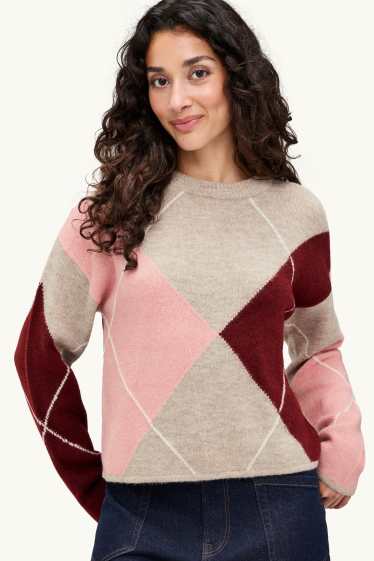 Damen - Pullover - kariert - beige / bordeaux