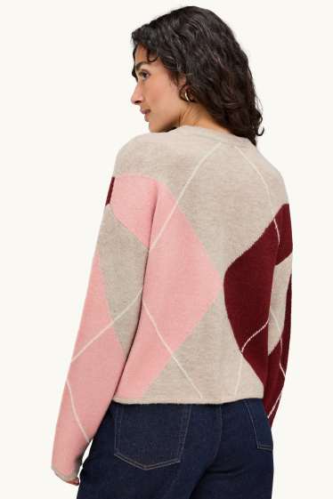 Damen - Pullover - kariert - beige / bordeaux