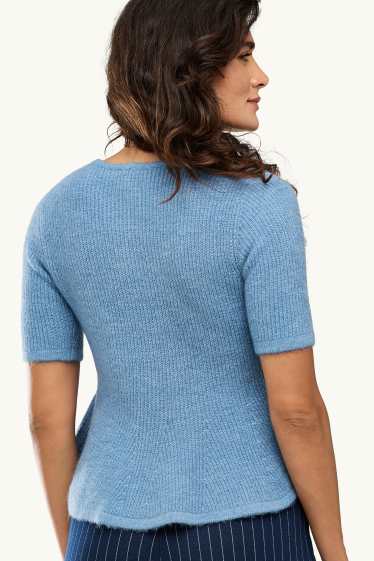 Damen - Strickpullover - kurzarm - gerippt - hellblau