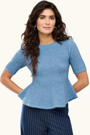 Damen - Strickpullover - kurzarm - gerippt - hellblau