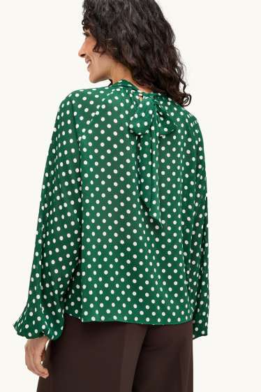 Women - Chiffon blouse - polka dot - dark green / white