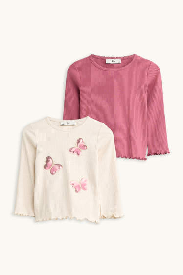 Bambine - Confezione da 2 - maglia a maniche lunghe - a coste - effetto brillante - beige / bordeaux
