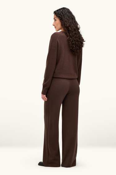 Dámské - Kašmírové kalhoty - mid waist - straight leg - tmavohnědá