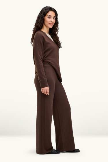 Dámské - Kašmírové kalhoty - mid waist - straight leg - tmavohnědá