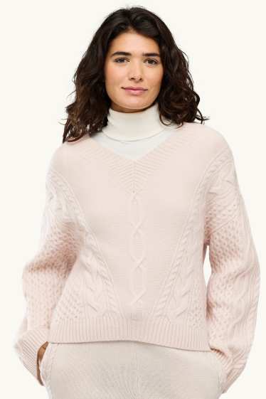 Femmes - Pull avec encolure V contenant du cachemire - laine mélangée - rose tendre